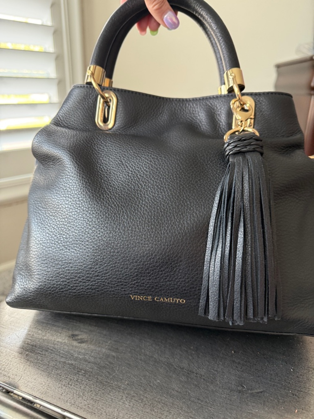 Vince Camuto Black Pebbled Leather Satchel with Tassel - Picture 5 of 11
